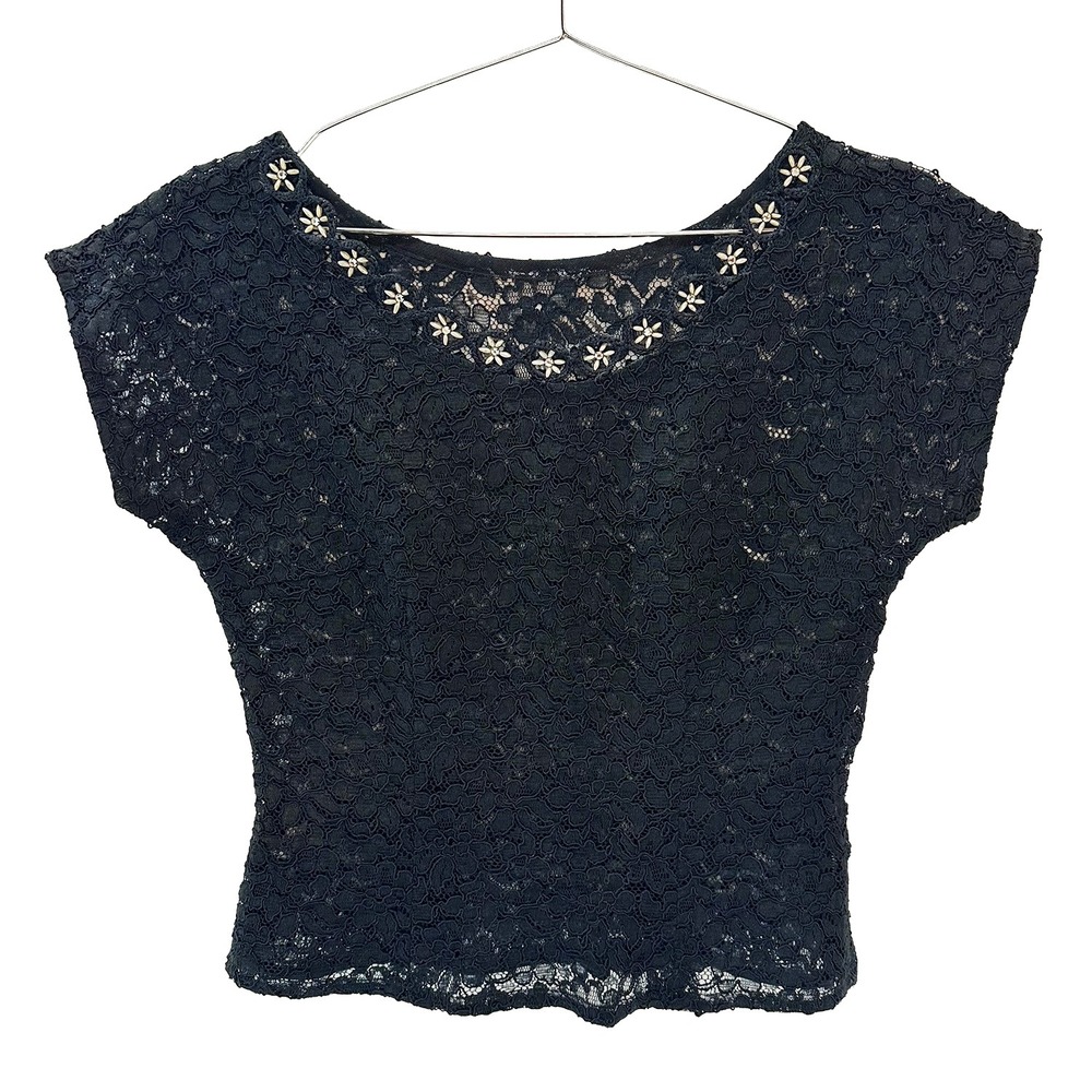 Whimsigoth Beaded Lace Scoop Neck Crop Top • Small • black • witchy, fairy, boho